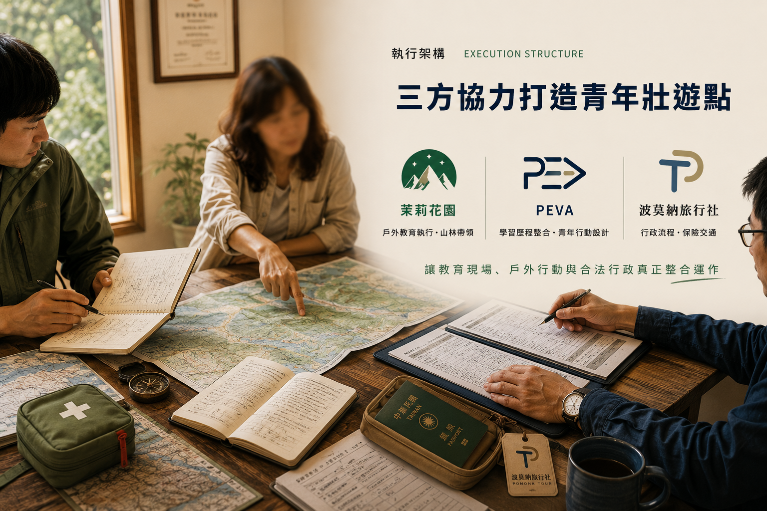 執行架構：三方協力打造青年壯遊點 — 茉莉花園 · PEVA · 波莫納旅行社 | Execution Structure: Three teams behind Walk Into Taiwan — Jasmine Garden EdVenture, PEVA, and Pomona Tour.